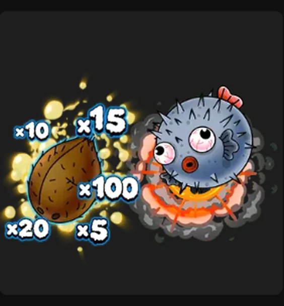 The coconut and the blowfish bomb from the Soaked By Seamen slot, surrounded by multiplier values of five, ten, fifteen, twenty and one hundred.