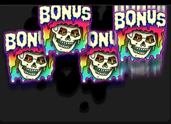Four bonus symbols from the Soaked By Seamen slot, rainbow skulls lettered BONUS, landed across the reel area.