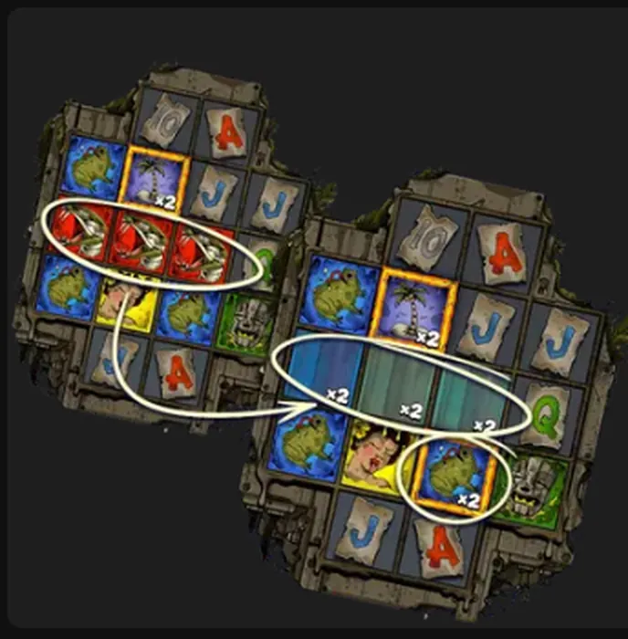 Two stages of a Soaked By Seamen spin, with winning groups ringed and several positions carrying a times-two badge.